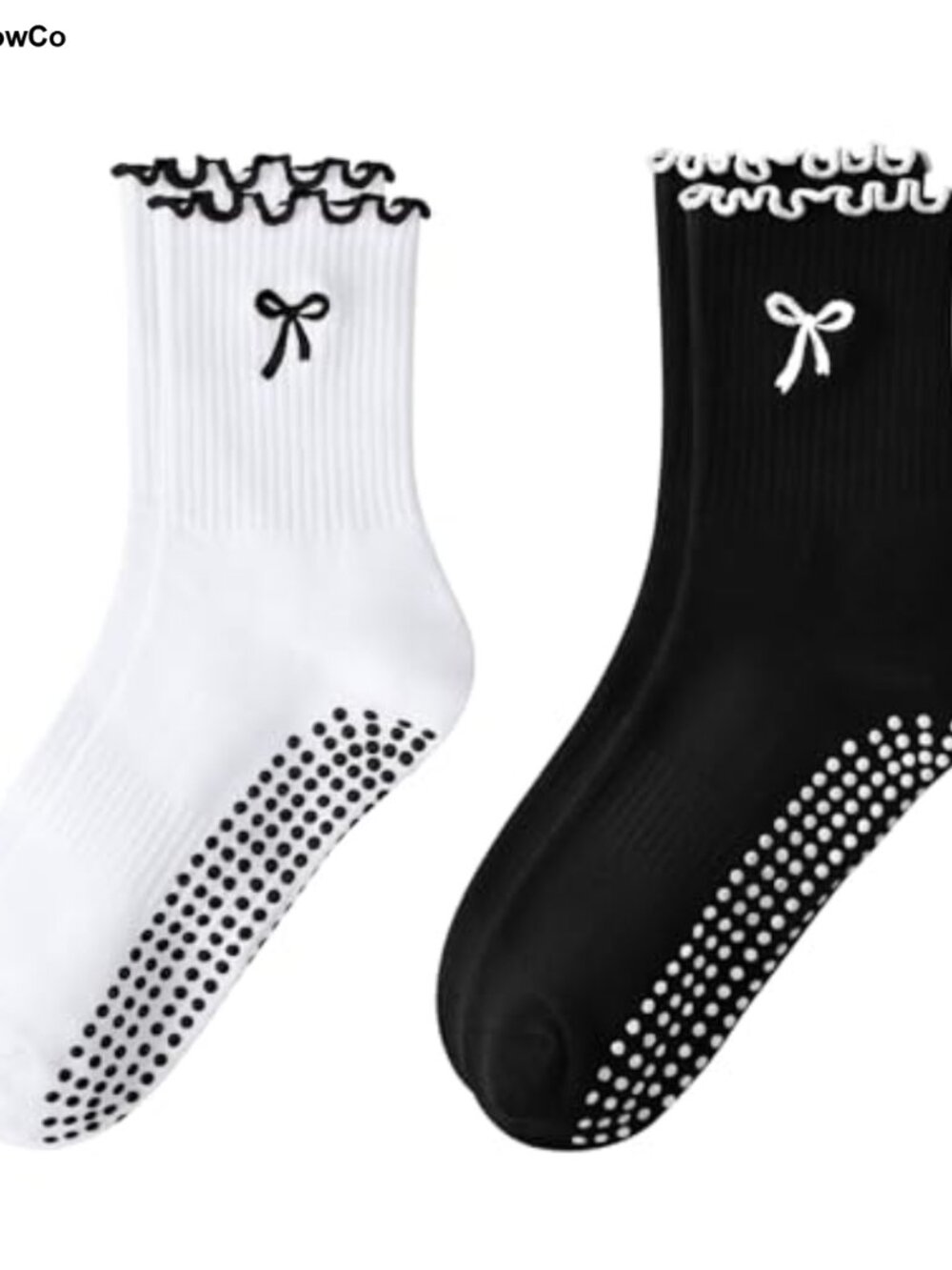 Women's Non-Slip Pilates Socks with Bow Pattern & Ruffle Trim